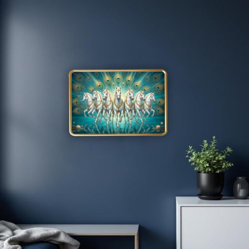 Image of Dharvika Innovations Vastu 7 Seven Running Horse Photo Frame, Golden Slim Frame, Sparkle Coated Lamination, 30x45 cm (Design 2)