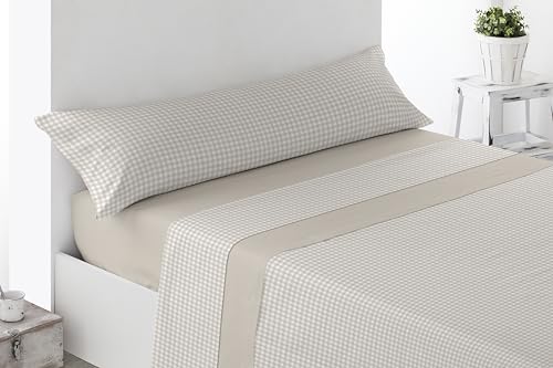 Miracle Home. Juego de sábanas Vichy. Set de 4 Piezas, sábana Bajera Ajustable, encimera y 2 Fundas de Almohada. Anti Peeling.Beige. 180 x 200. Cama 180. 2 Fundas de Almohada de 107x45