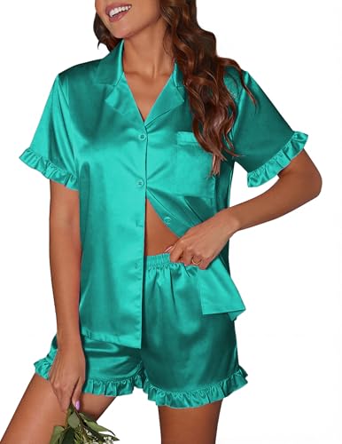 Image of Ekouaer Satin Pajama Set for Women Button Down Silk 2 Piece Pj Sets Ruffle Short Sleeve Sleepwear,Turquoise,S