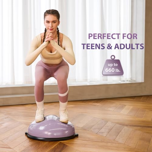 Image of ZELUS Balance Ball Trainer with Resistance Bands & Foot Pump, 23 Inch Inflatable Yoga Half Ball for Home Gym Workouts, Core Strength Fitness and Balance Training - 660lb Weight Capacity (Lilac)