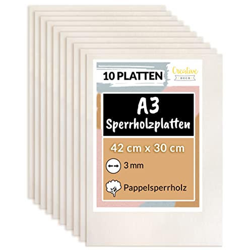 Creative Deco 10 x A3 Sperrholzplatte 3mm Pappelsperrholz | 420 x 300 (+/- 0,5) mm | Dünne Holz-Zuschnitte | Perfektes Blatt für Laubsäge, Brandmalerei, Laserschnitt, CNC Router, Durchbrochenes