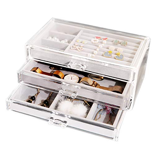 BEAUTTI DAUPHINE Acrylic Jewelry Box 3 Drawers, Velvet Jewelry Organizer, Earring Rings Necklaces Bracelets Display Case Gift for Women and Girls