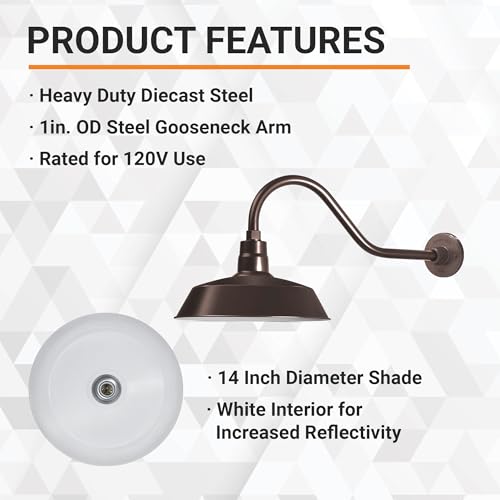 Image of 14in. Architectural Bronze Outdoor Gooseneck Barn Light Fixture with 22in. Long Extension Arm - Wall Sconce Farmhouse, Vintage, Antique Style - UL Listed - 9W 900lm A19 LED Bulb (5000K Cool White)