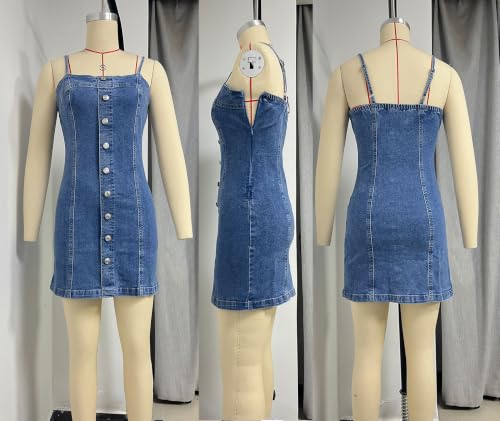 Image of cffvdiz Women's Sleeveless Halter Short Denim Dress Slim Button Down Bodycon Jean Dresses