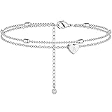 Moodear Silver Initail Ankle Bracelets for Women, Layered Dainty White Gold Tiny Heart Charm Handmad