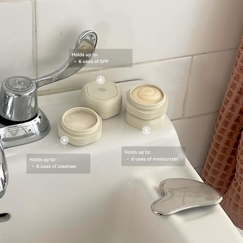 Cadence Travel Containers Basic Skincare Set - Magnetic Containers with Lids,Carry On Travel Essentials For Women/Men - 3 Small Capsules (0.56oz) - Cleanser, Moisturizer & Sun-Icon Labels - Sand4