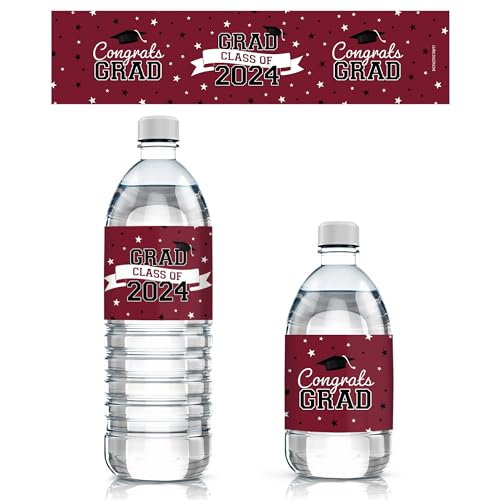 Graduation Party Water Bottle Labels Class of 2024 - Water Bottle Waterproof Wrappers - 24 Stickers (Maroon)
