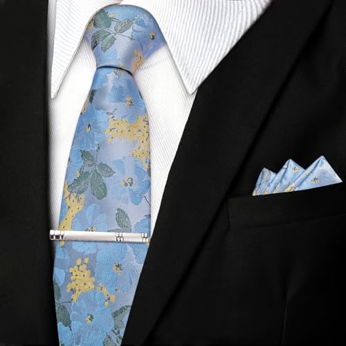 Image of DiBanGu Silk Floral Ties for Men Woven Paisley Necktie and Tie Clip Handkerchief Cufflinks Set for Party Wedding