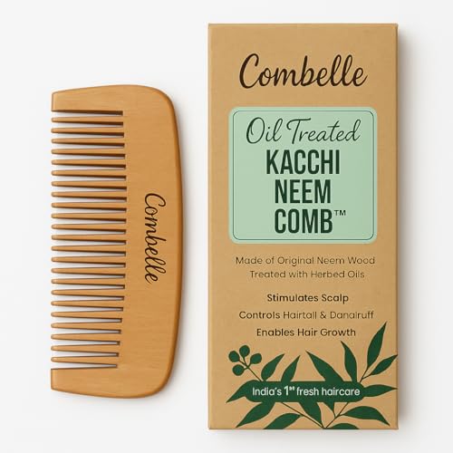Image of COMBELLE Premium Neem Wood Comb - Eco-Friendly, Oil-Treated Anti-Hairfall & Frizz Control Comb for Men, Women, & Kids - Natural Wooden Comb for Healthy Hair, Dandruff Control, and Scalp Massage (NEEM COMB-4)