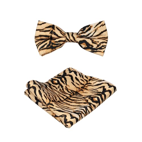 Men's Dress Vest TIGER Animal Skin Pattern Design Gold Color with Black Stripes Animal Zoo Striped Mens Bow Tie Hanky Set3