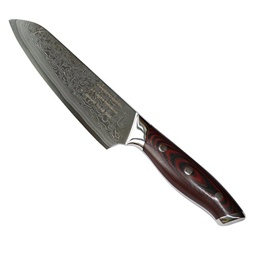 7-inch Professional Damascus Santoku Knife by Kamosoto with High Carbon Japanese 67 Layers VG-10 Damascus Stainless Steel, Ergonomic G10 Handle and Beautiful Tiny Wave Blade Pattern, KAM521