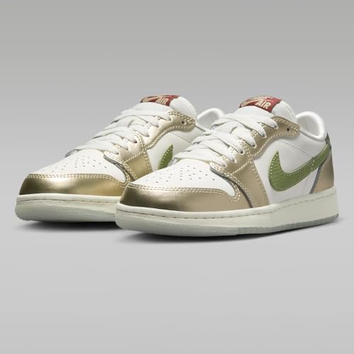 NIKE Air Jordan 1 Retro Low OG Chinese New Year Big Kids' Shoes (FQ6593-100, Sail/Metallic Gold Grain/Cedar/Oil Green) Size 42