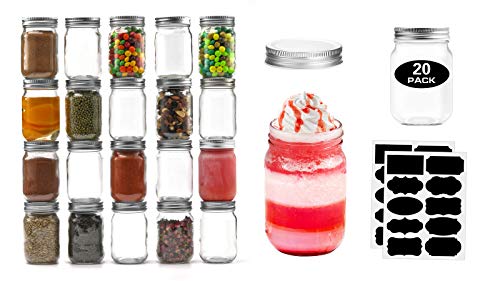 12oz Glass Jars With Lids Regular Mouth 20 Pack -Mason Jars 12 oz For Crafts, Meal Prep, Canning Jars For Food Storage Frascos De Vidrio Con Tapa Para Conservas-with 20 Chalkboard stickers-Silver Lid