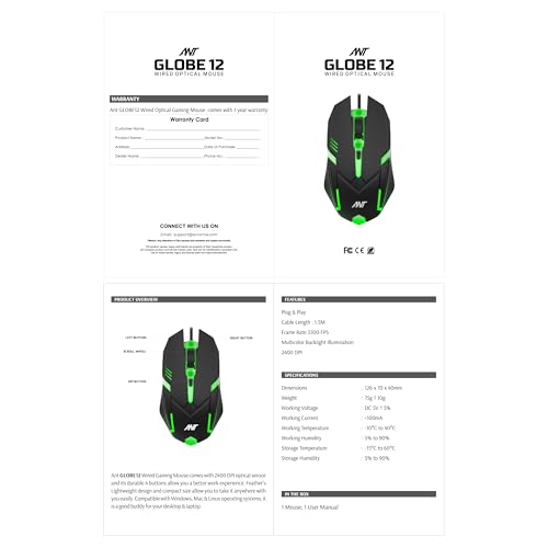 Image of Ant Globe 12 Wired Optical Gaming Mouse - 2400 DPI High-Precision Sensor, Multicolour RGB Backlight, 4 Responsive Buttons, Ergonomic Lightweight Design for PC, Mac, Laptop & Desktop (Black)