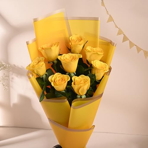 Image of FlowerAura Premium Fresh Live Flower Bouquet of 8 Yellow Roses In Designer Paper Gift For Birthday | Anniversary | Love | Home Decor | Fathers Day Gift For Dad (Same Day Delivery)