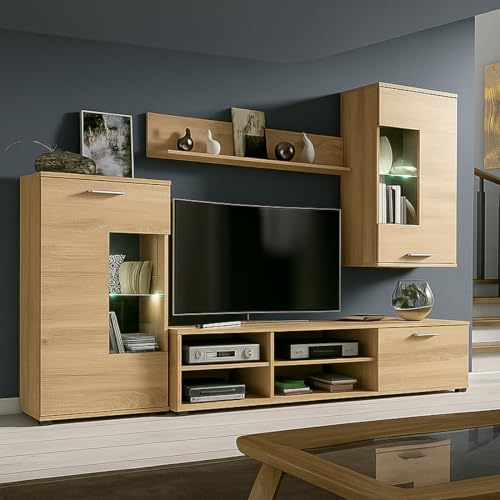 Acomoda Textil - Mueble de Salón Comedor de 229 cm con Luces LED, Vitrina y Módulos de Almacenaje. Diseño Moderno en Madera Funcional, Decorativo y Contemporáneo para Hogar. (Antigona Cambria)