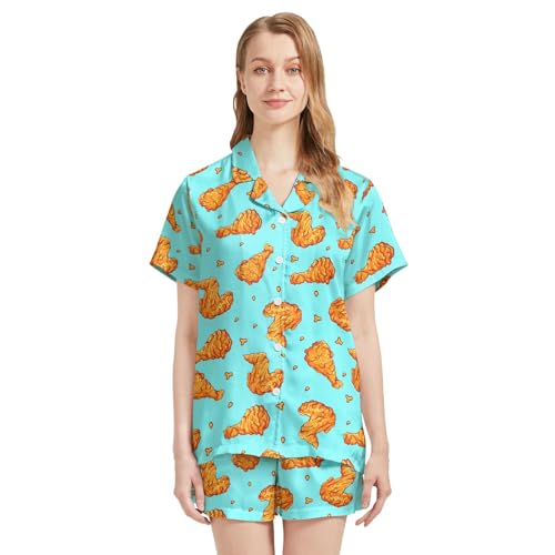 Image of Funny Satin Pajamas Set for Women Button Down Sleepwear Print Pjs Set 2 Piece Short Sleeve Loungewear Gift for Women