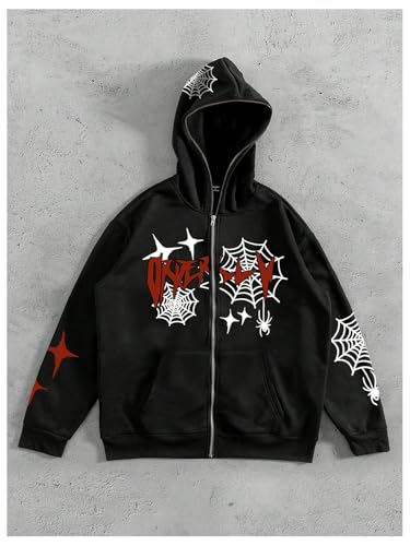 GORGLITTER Men's Graphic Zip Up Hoodie Long Sleeve Oversized Drop Shoulder Hooded Sweatshirt4