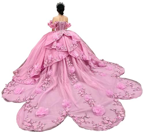 3D Flowers Quinceanera Dresses with Long Train Off Shoulder Ball Gown Ruffled Sleeves Puffy Dress for 15 16