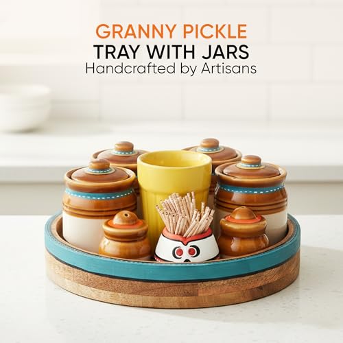 Image of AAKRITI ART CREATIONS Traditional Granny Pickle Tray Set | Ceramic Achar ki Barni & Mukhwas Box | Includes Teak Wood Tray & Utility Holders | Handcrafted Traditional Storage Jar for Spice & Pickle