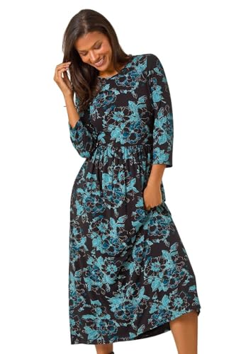 Image of Roman Originals Midi Dress with Pockets for Women UK Ladies Stretchy Jersey Maxi Long 3/4 Length Sleeve Gathered High Waist Boho Flattering Skater Swing Fit Flare - Black Teal - Size 16