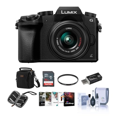 Panasonic Lumix DMC-G7 Mirrorless Micro Four Thirds Camera with 14-42mm Lens, Black - Bundle with Camera Case, 32GB SDHC Card, Cleaning Kit, Memory Wallet, Card Reader, 46mm UV Filter, Software Pack