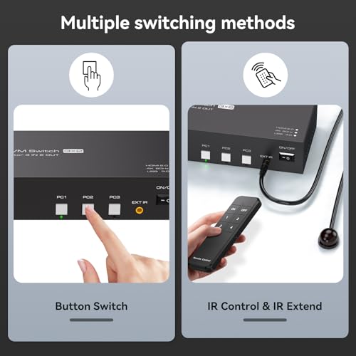 HDMI KVM Switch 2 Monitors 3 Computers 4K60Hz EDID Simulation USB3.0 KVM Switch for 3 Computers Share Dual Monitors and 4 USB Devices with USB Cable and Remote Control