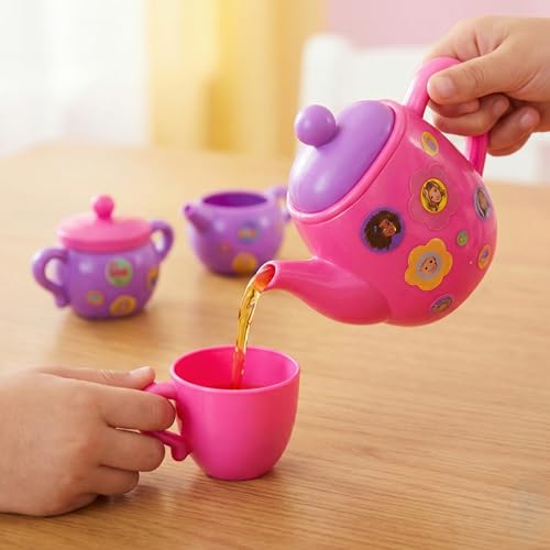 Image of Barbie Tea Party Set for Kids by GENIE'S TOY BUS | Tea Party Set Including Cups, Saucers,Tea Pot,Sugar Bowl, 2 Color Sheets, etc | Kitchen Toy Gift for Toddler Kids Girls 3 Yrs+ | ( Pink Color )