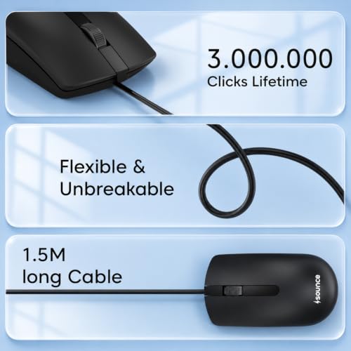 Image of Sounce Carbon M1 Wired USB Mouse with 1200 DPI Optical Tracking, 3 Buttons, Scroll Wheel, 1.5m Cable, Plug & Play, Compact Design for Laptop & PC - Black
