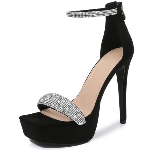 Yavero Women's High Stiletto Heels Platform Heeled Sandals with Rhinestones Ankle Strap