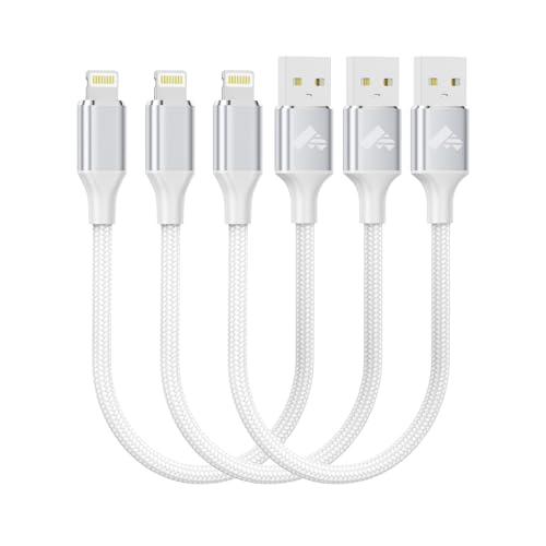 Aioneus Short iPhone Charger [3 Pack 1ft] Apple MFi Certified USB A to Lightning Cable, Nylon Braided Short Lightning Cable for iPhone 14/13/12/11 Pro Max/XR/XS/8/7Plus/6/SE