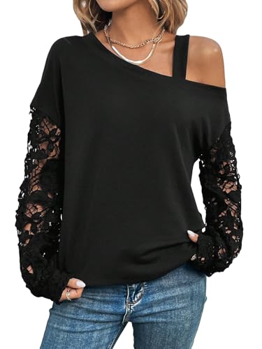 GORGLITTER Cold Shoulder Tops for Women UK Contrast Lace Asymmetrical Long Sleeve Casual Trendy Tee Shirts Black X-Large