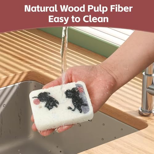 Image of Wood Pulp Cotton Dish Washing Kitchen Scrubber, 4 Pack Reusable Cleaning Wood Pulp Cotton Multipurpose Scratch-Free Sponges,Water Absorbent and Fast Drying,Suitable for Dishes, Fruit, Vegetable