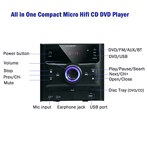 WISCENT Micro sistema compatto Micro sistema stereo HiFi con CD e Bluetooth, radio FM, CD, MP3-CD, lettore DVD, USB, SD, AUX, MIC, 30W, telecomando, sistema Hi-Fi Sistema musicale