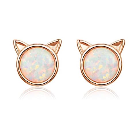 Kämise Silver Stud Earrings for Women, 925 Sterling Silver Rose Gold Opal Birthstone Cat Studs Earrings, Small Sleeper Pierced Ear Rings for Kids Girls Ladies, Birthday Anniversary Party Promise Gift Cover
