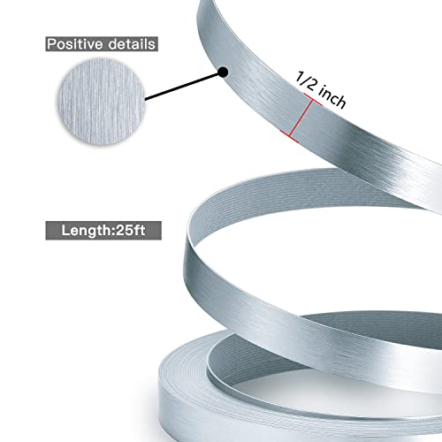 Image of PVC Edge Banding, 1 /2 inch x 25ft Non Glued Flexible Durable Real Brushed Aluminum Silver Veneer Edge Trim for DIY Table Cabinet Furniture Decorative Trim