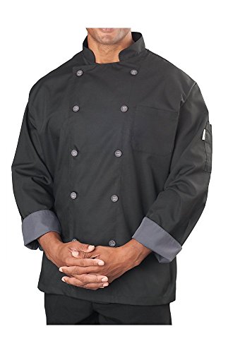 Mens Long Sleeve Active Chef Coat, Black with Slate Accent, M
