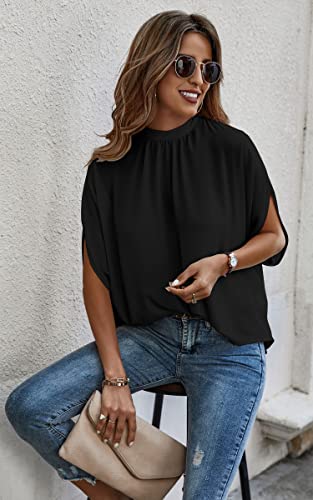 Angashion Womens Tops, Short Sleeve Casual Summer Top Solid Color Self Tie Loose Fit Drape Tunic Blouses Shirts Black X-Large #TOP6