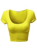 Basic Solid Scoop Neck Slim Fit Short Sleeve Crop Tops Yellow Size S