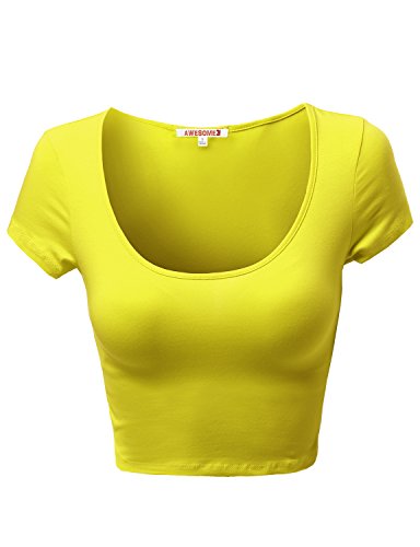 Basic Solid Scoop Neck Slim Fit Short Sleeves Crop Tops Yellow S