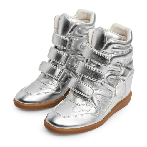 Image of Dsevht Hidden Wedge Sneakers for Women High Top Fashion Sneaker Suede High Heel Platform Tennis Triple Strappy Band Casual Vintage Dressy Comfy Campus Trendy Retro Sneaker