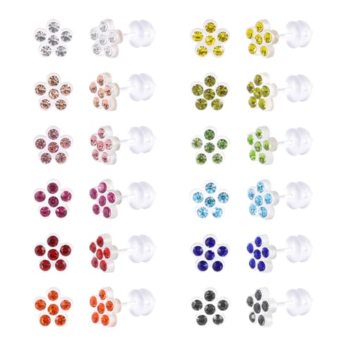 Plastic Post Metal Free Stud Earrings for Sensitive Ears Multi Colored Birthstone CZ Round Flower Stud Earrings Set for Women