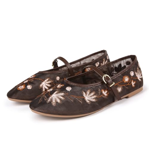 Image of MRKEWUNEY Mesh Ballet Flats for Women Embroidered Floral Round Toe Mary Jane