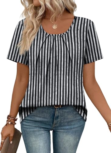 Image of WIHOLL Women T Shirts Pleated Short Sleeve Tops Business Casual Dressy Blouses