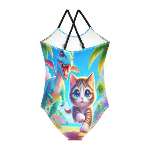 Kids Swim Suits Beach Swimsuit Girls 3-10 Y with Adjustable Shoulder Strap, Cute Dinosaur Cat2