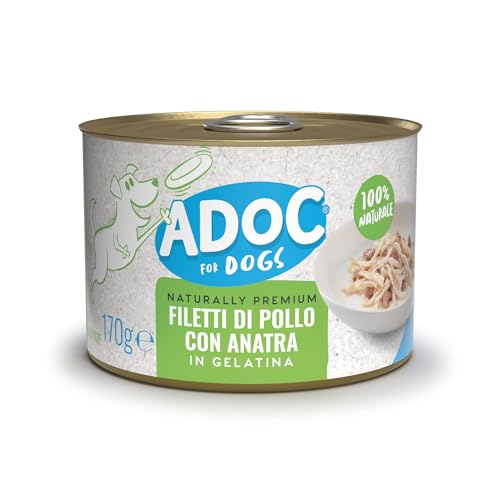 Adoc Naturally Premium, Cibo Umido Complementare per Cani Filetti di Pollo con Anatra, 24 Lattine da 170 grammi in Gelatina Senza Conservanti e Coloranti