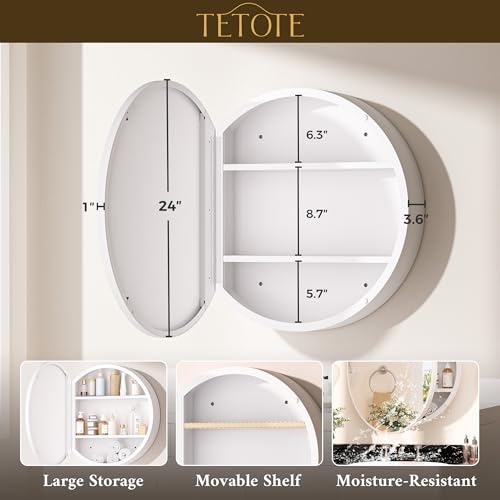 Image of TETOTE 24 x 24 Inch Medicine Cabinet Mirror White Framed Round Mirrored Medicine Cabinets for Bathroom Adjustable Shelves Modern Bathroom Mirror with Storage Wall Mounted