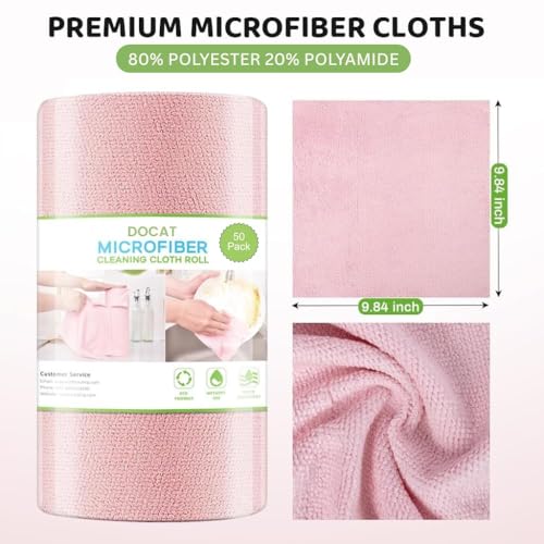Image of DOCAT Microfiber Cleaning Cloth Roll 25x25 cm, Reusable and Washable Tear-Away Kitchen Towel Roll, Very Soft Cleaning Cloths for Home, Kitchen, Office, Electronics, Car Cleaning (Pink, 50 Pack)