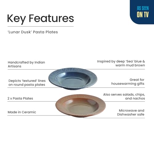 Image of ExclusiveLane 'Lunar Dusk' Ceramic Pasta Bowls /Plates for Serving (Set of 2, 410 ML, Microwave Safe, Hand-Embossed) | Snack Serving Plate for Kitchen Serving Plate for Snacks