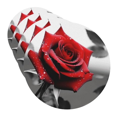 Juego de 4 Posavasos Redondos de Cuero con Soporte, diseño de Rosas Rojas, Blancas y Negras, para Bebidas, Tazas, tapetes absorbentes y Antideslizantes para Mesa de Centro, Cocina, Bar, decoración d